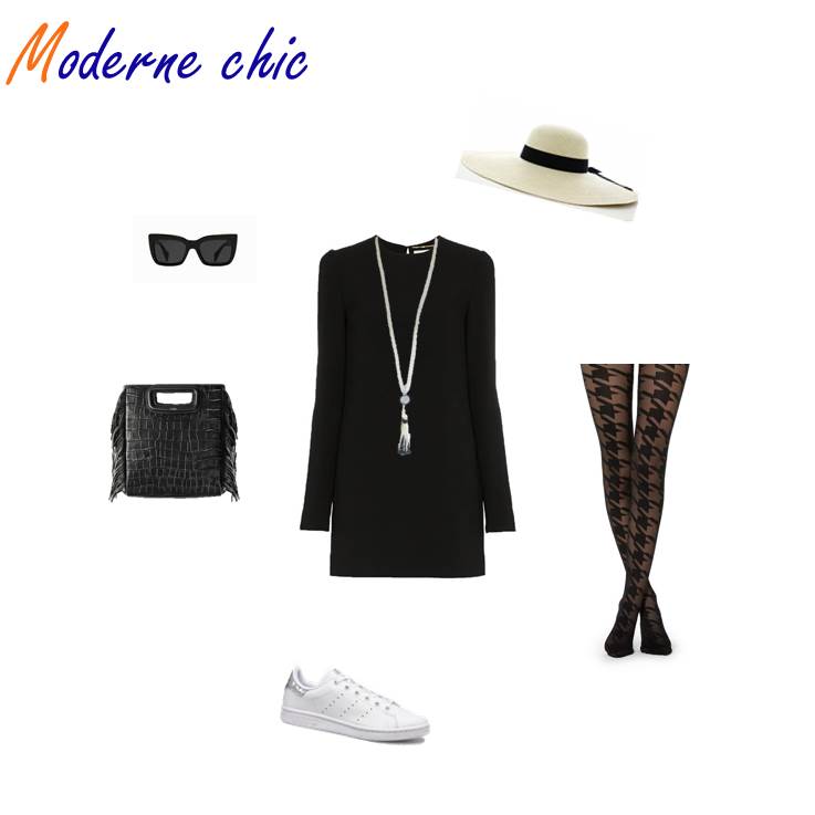 Look Moderne chic - tennis, chapeau, lunette de soleil et sac porté à la main 
